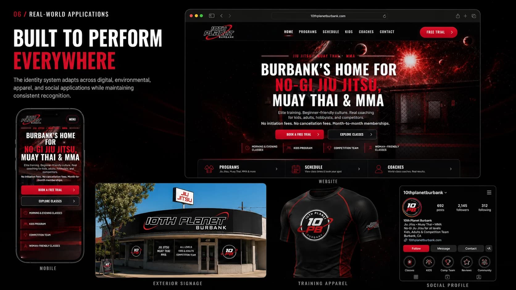 10th Planet Burbank identity shown across website, mobile, signage, apparel, and social visual applications