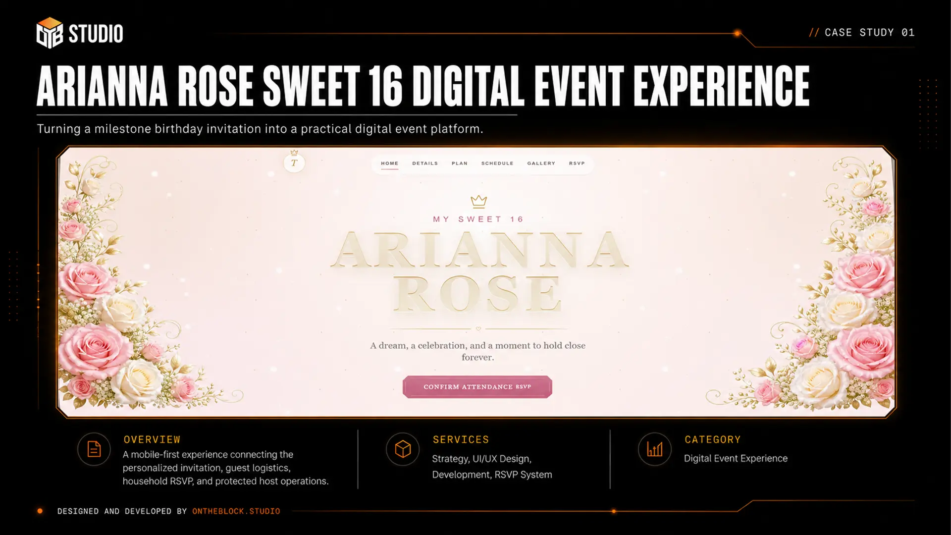 Arianna Rose Sweet 16 digital event experience case-study cover with a floral invitation website