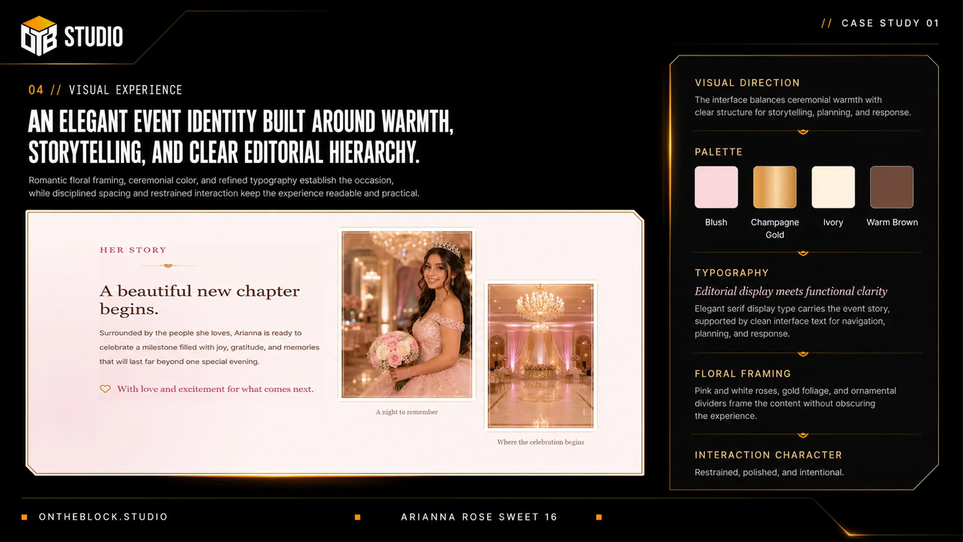 Sweet 16 visual direction showing floral framing, editorial typography, blush, gold, ivory, and warm brown