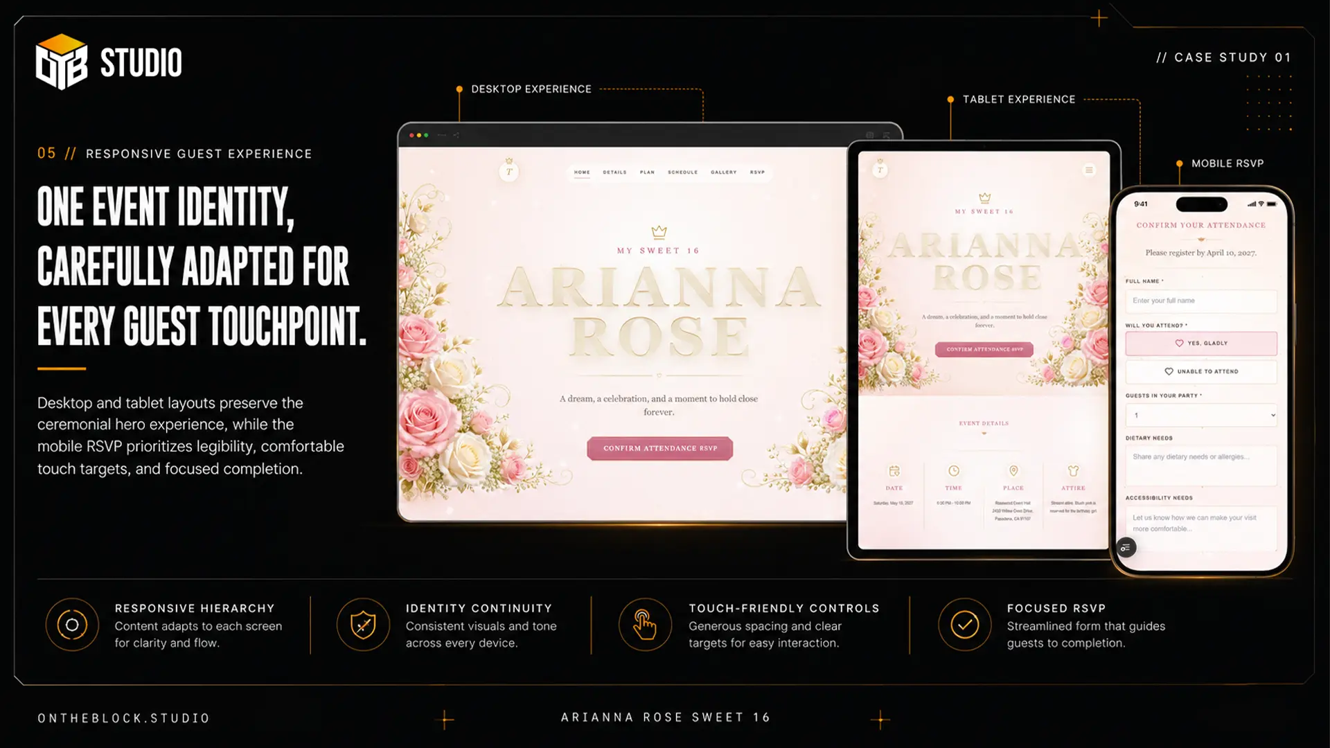 Responsive Sweet 16 invitation and RSVP experience shown across desktop, tablet, and mobile