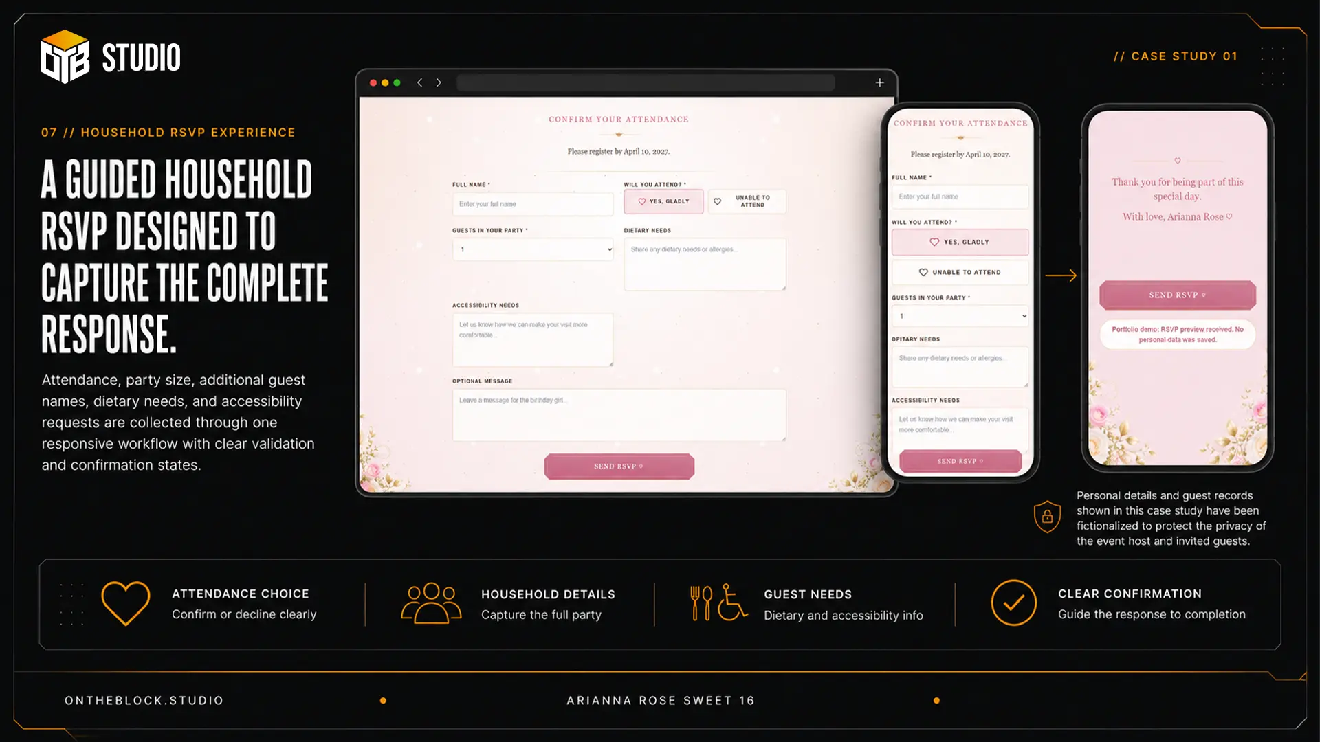 Household RSVP form shown in desktop and mobile states with a privacy-safe confirmation
