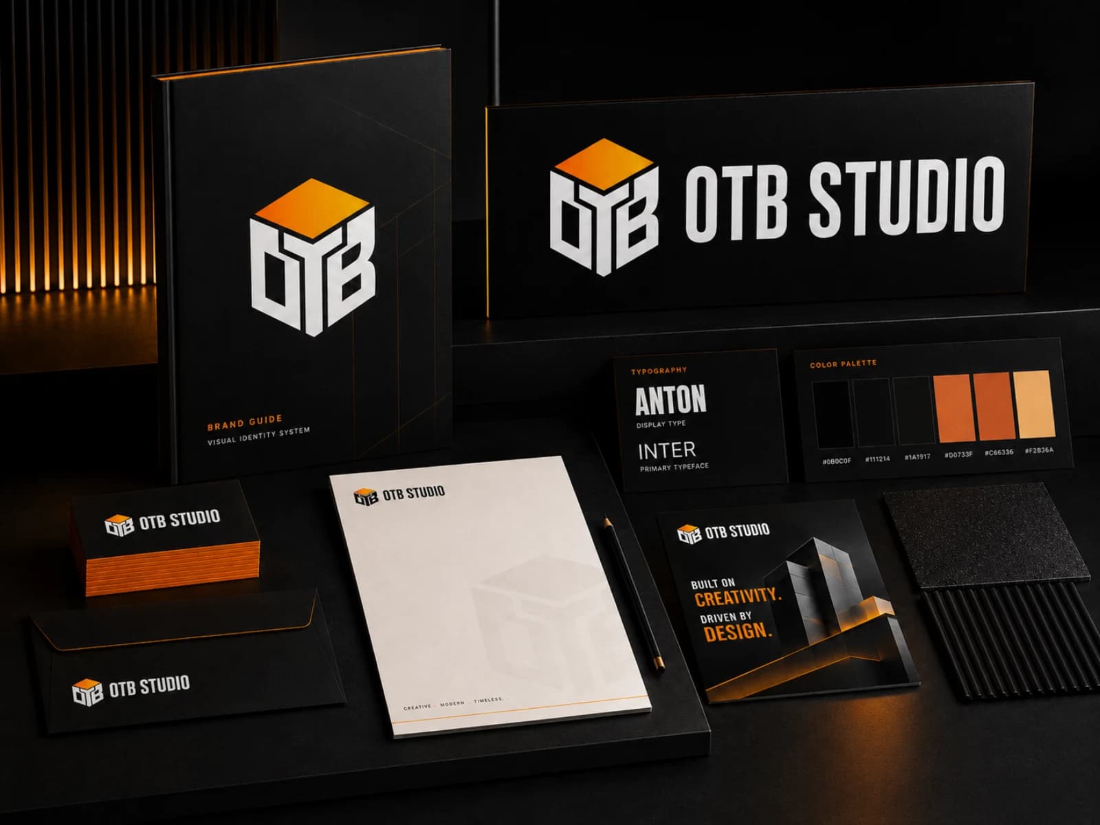 OnTheBlock Studio brand identity system with logo, brand guide, typography, color palette, and stationery applications