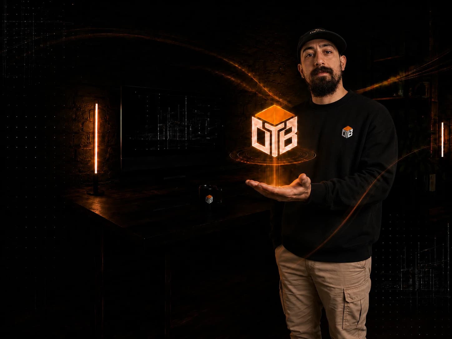 Jason Altuna, founder of OnTheBlock Studio, in a dark creative workspace with the OTB cube