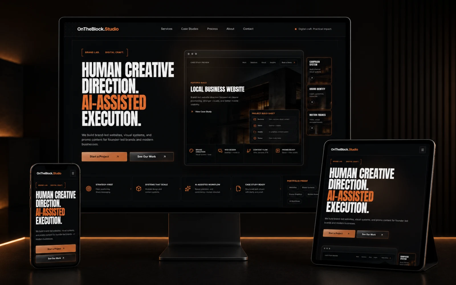 OnTheBlock Studio brand-led website shown across desktop, tablet, and phone